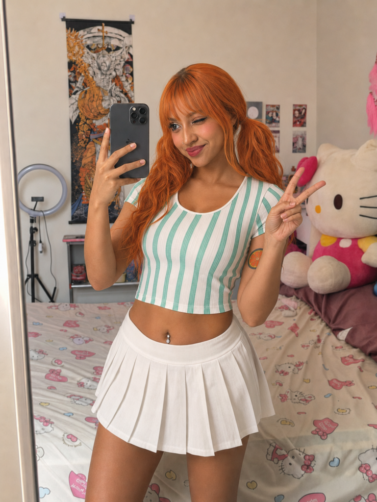 Cosplay di Nami con codini arancioni, tatuaggio e occhiolino davanti allo specchio