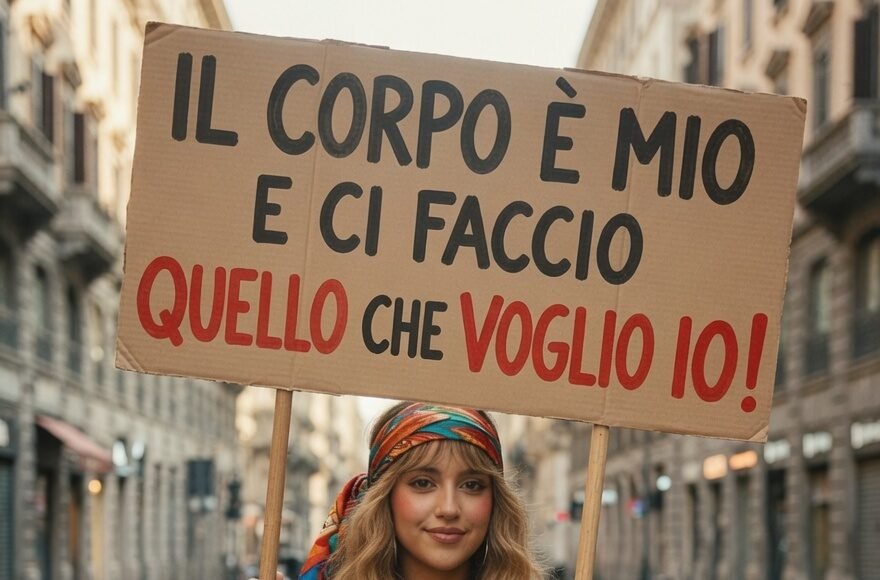 Ele Villa vestita da femminista anni 70 con cartello il corpo è mio per articolo su femminismo e corpo